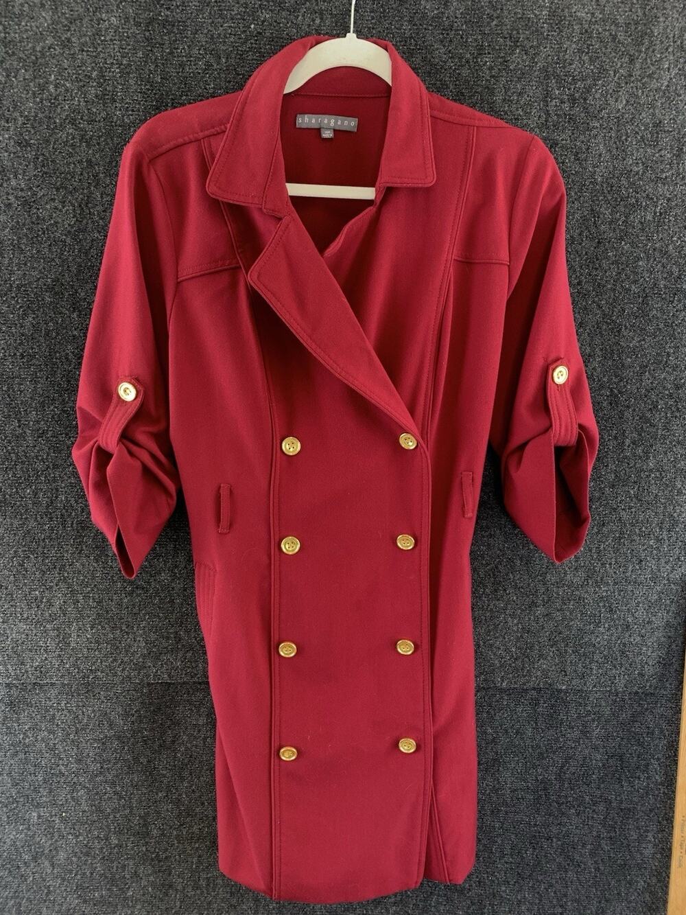 Sharagano Women’s Coat Double Breasted Gold Buttons Jacket W/Belt Red Sz 14 P